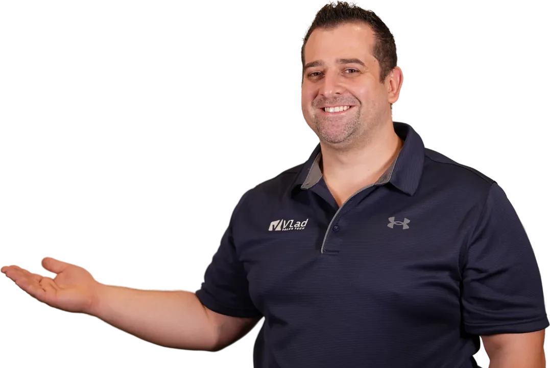 Vlad Catrinescu in a dark polo, an open hand toward the headline