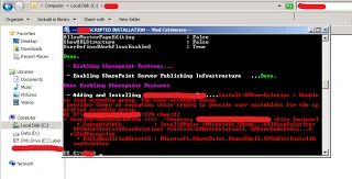 Command prompt running a scripted SharePoint installation with the red Unable to load assembly group error