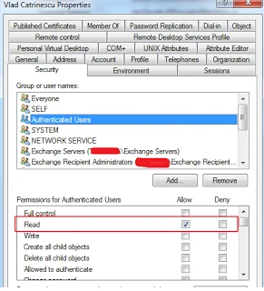 Active Directory user properties Security tab granting Authenticated Users the Read permission