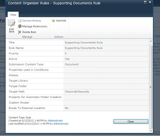 SharePoint Content Organizer rule Supporting Documents Rule routing the Document content type to /Records/Records Library