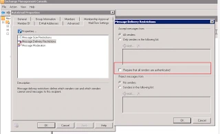 Exchange Management Console Message Delivery Restrictions dialog with the Require that all senders are authenticated check box highlighted