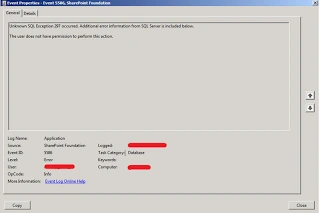 Event 5586 SharePoint Foundation Event Properties, Unknown SQL Exception 297, user does not have permission to perform this action