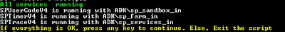 PowerShell output reporting all SharePoint services running, SPUserCodeV4, SPTimerV4 and SPTraceV4 each listed with its service account