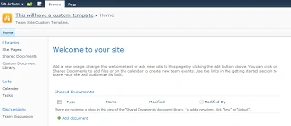 New SharePoint 2010 site created from the custom template with Custom Document Library in the quick launch and the inherited description