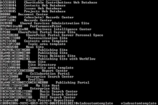 Get-SPWebTemplate PowerShell output ending with the custom site template GUID and its name vladcustomtemplate