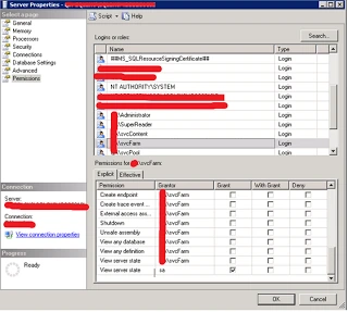 SQL Server Properties Permissions page with the farm account selected and the Grant checkbox ticked for View server state
