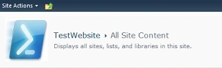 TestWebsite site collection in SharePoint 2010 now showing the blue PowerShell icon as its site logo