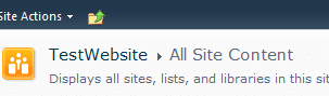 TestWebsite site collection in SharePoint 2010 with the default orange site logo before the PowerShell change