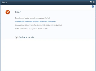 SharePoint 2010 error page stating Sandboxed code execution request failed with a correlation ID and a Go back to site link