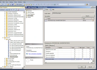 SQL Server 2012 Login Properties Securables page for the farm account with Grant checked on View server state
