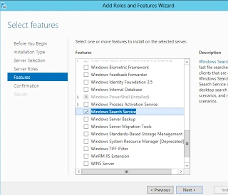 Add Roles and Features Wizard in Windows Server 2012 with the Windows Search Service feature checked