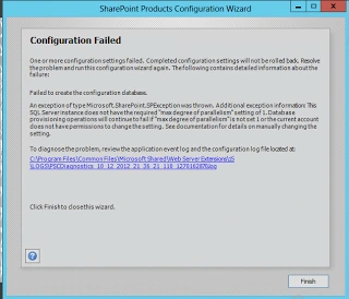SharePoint Products Configuration Wizard showing Configuration Failed because SQL Server does not have the required max degree of parallelism setting of 1