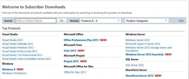 MSDN Subscriber Downloads page listing SharePoint Server 2013, Office Professional Plus 2013, Visio 2013 and Project 2013 as new