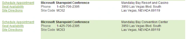 Prometric test center listing for the Microsoft SharePoint Conference at Mandalay Bay, Las Vegas, site codes MC62 and MC63