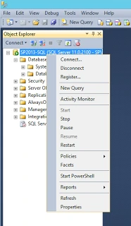 SQL Server Management Studio Object Explorer with the right-click menu open on the SQL instance and Properties at the bottom