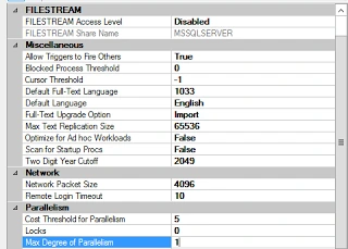 SQL Server Advanced properties with the Parallelism section showing Max Degree of Parallelism set to 1