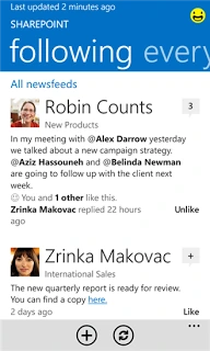 SharePoint Newsfeed app on Windows Phone showing the Following feed with colleague posts, opens full size