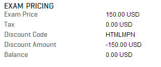 Prometric exam pricing showing the 150 USD 70-480 exam brought to a zero balance with discount code HTMLMPN