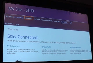 SPC12 slide showing the SharePoint 2010 My Site Stay Connected page with My Colleagues, My Interests and Newsfeed Settings