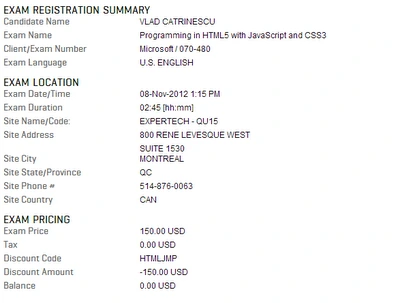 Prometric registration summary for exam 070-480 in Montreal with discount code HTMLJMP and a 0.00 USD balance