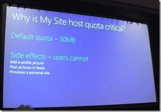 SPC12 slide on why the My Site Host quota is critical, with its 50MB default and the side effects for users