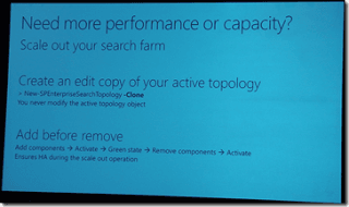 SPC12 slide on scaling out your search farm by cloning the active topology and adding components before removing them