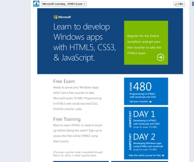 Microsoft Virtual Academy page offering a free exam 70-480 voucher with the two day HTML5, CSS3 and JavaScript Jump Start