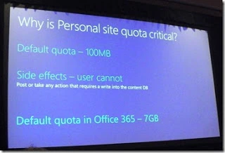 SPC12 slide on why the Personal Site quota is critical, with a 100MB default and a 7GB default quota in Office 365