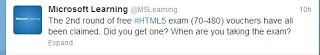 Microsoft Learning tweet announcing the second round of free HTML5 exam 70-480 vouchers has all been claimed
