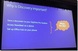 SPC12 slide on why Discovery matters: saving to SkyDrive Pro, the Newsfeed on a device and the Office hub on a phone
