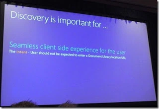 SPC12 slide stating My Site Discovery gives a seamless client side experience, so users never type a Document Library URL