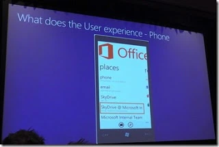 SPC12 slide showing the Windows Phone Office hub user experience with SkyDrive @ Microsoft listed under Places