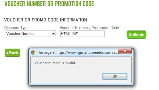 Prometric voucher form with HTMLJMP entered as a voucher number and the error message Voucher number is invalid