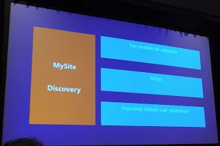 SPC12 My Site Discovery agenda slide listing key enabler for adoption, setup, and improved default user experience