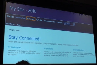 SPC12 My Site Discovery slide revisiting the SharePoint 2010 Stay Connected newsfeed page with My Colleagues, My Interests and Newsfeed Settings