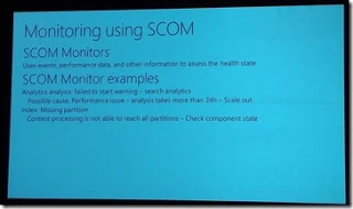 SPC12 slide on SCOM monitors for search, with examples such as failed analytics and a missing index partition