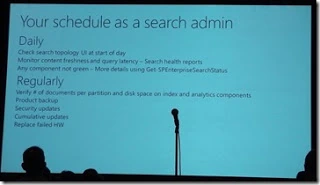 SPC12 slide on your schedule as a SharePoint search admin, listing daily and regular tasks