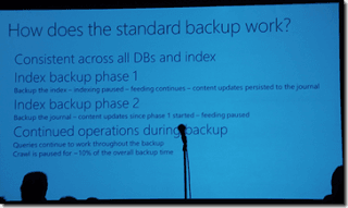 SPC12 slide explaining the standard search backup in two index backup phases, with operations continuing during backup
