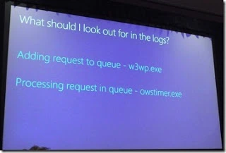 SPC12 slide on what to look for in the logs: adding request to queue comes from w3wp.exe, processing request in queue from owstimer.exe