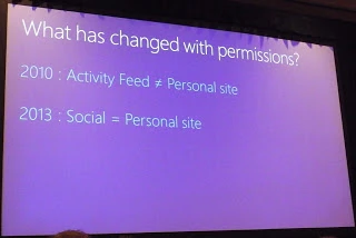 SPC12 slide on permission changes, with the 2010 Activity Feed separate from the Personal Site while in 2013 Social equals Personal Site