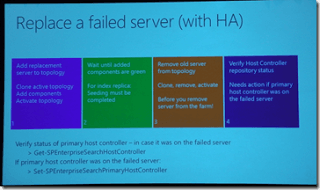 SPC12 slide with the four steps to replace a failed SharePoint search server in a high availability topology