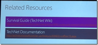 SPC12 related resources slide linking to the SharePoint search Survival Guide on TechNet Wiki and TechNet documentation