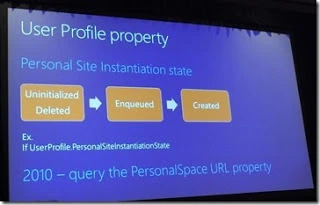 SPC12 slide on the PersonalSiteInstantiationState property moving from Uninitialized or Deleted to Enqueued to Created, versus the 2010 PersonalSpace URL