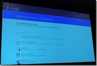 SPC12 slide showing the Getting the most out of SharePoint e-mail sent when a user's Newsfeed and Personal Site are ready