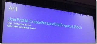 SPC12 slide on the UserProfile.CreatePersonalSiteEnqueue(Bool) API, true for the interactive queue and false for the non-interactive queue