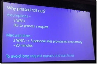SPC12 slide on why a phased roll out: with 3 WFEs and 30 seconds per request the max wait is about 20 minutes, so phase to avoid long queues