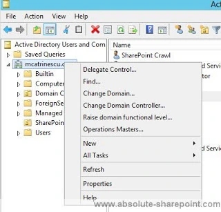 Active Directory Users and Computers with the domain right-click menu open on Delegate Control