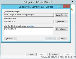 Select Users, Computers, or Groups dialog with SharePoint Profiles entered as the object name