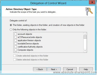 Active Directory Object Type page with This folder, existing objects in this folder, and creation of new objects selected