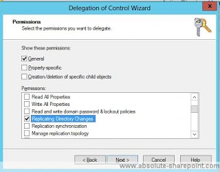 Permissions page of the Delegation of Control Wizard with Replicating Directory Changes checked